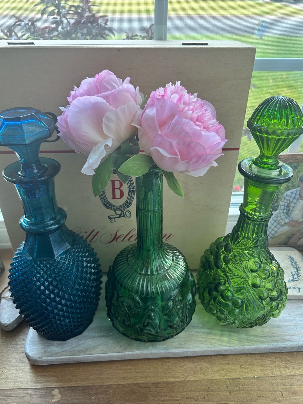 Vintage MCM Green zodiac & Blue Glass Decorative  Decanters Empoli - Set 3